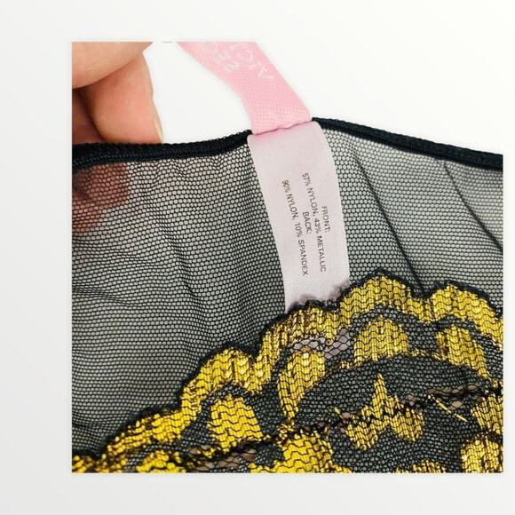 Vintage Victoria's Secret Black Sheer String Bikini Gold Metallic Lace Medium - Picture 4 of 7